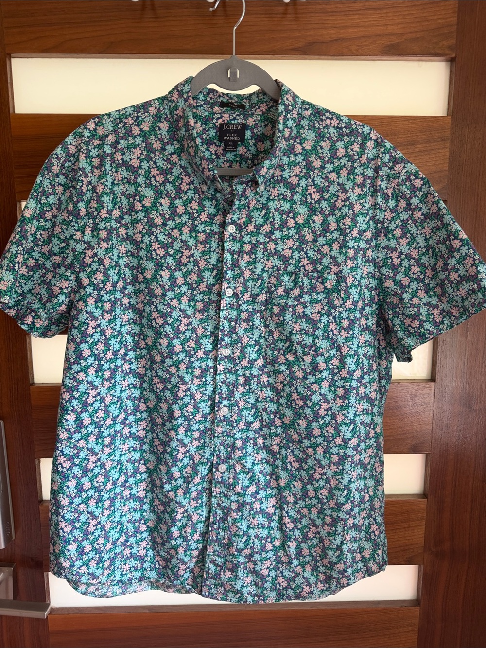 J. Crew Floral Short-Sleeve Button-Down Shirt in Teal and Pink